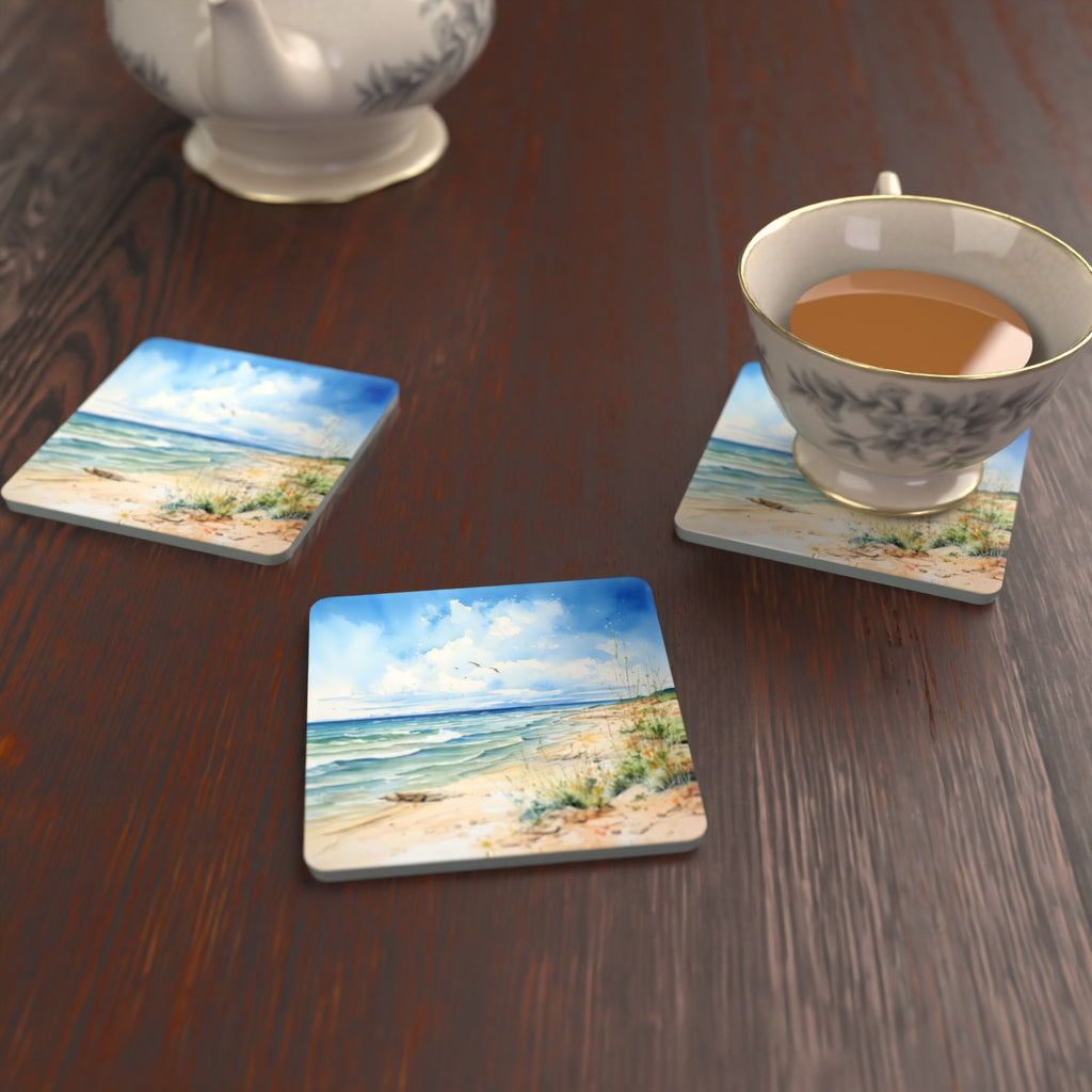 Dunes & Breaking Waves Square Glass Coasters – Set of 6 – lifestyle mockup with a teacup