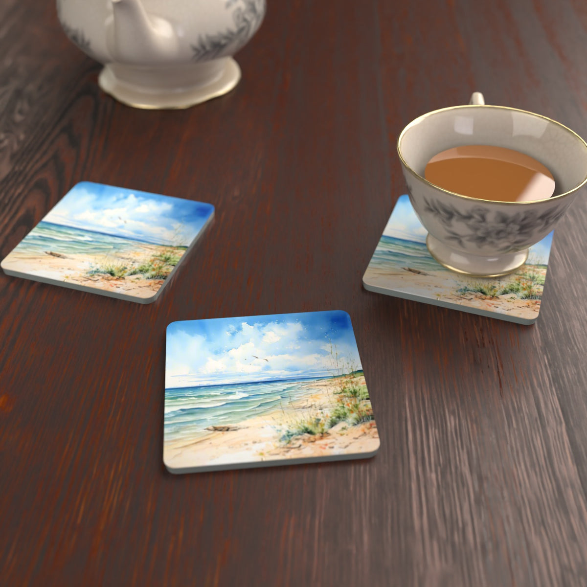 Dunes & Breaking Waves Square Glass Coasters – Set of 6 – lifestyle mockup with a teacup