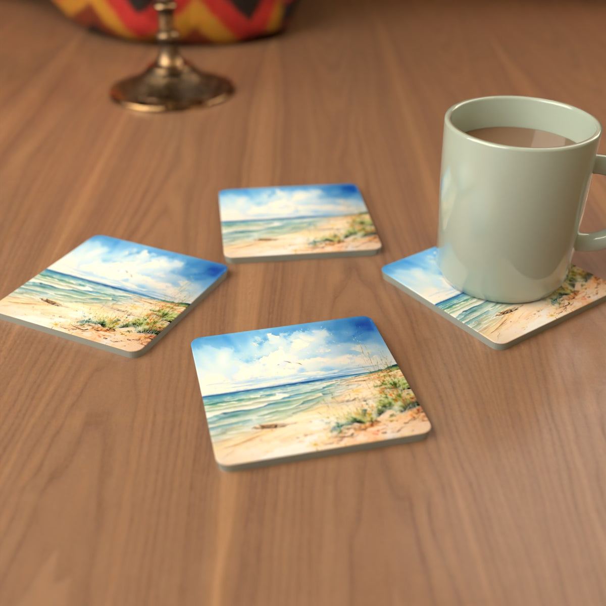 Dunes & Breaking Waves Square Glass Coasters – Set of 6 – cosy lifestyle mockup