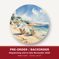 Two Parasols on the Beach round ceramic coaster set of 6 – pre-order / backorder, dispatching mid to late November 2026