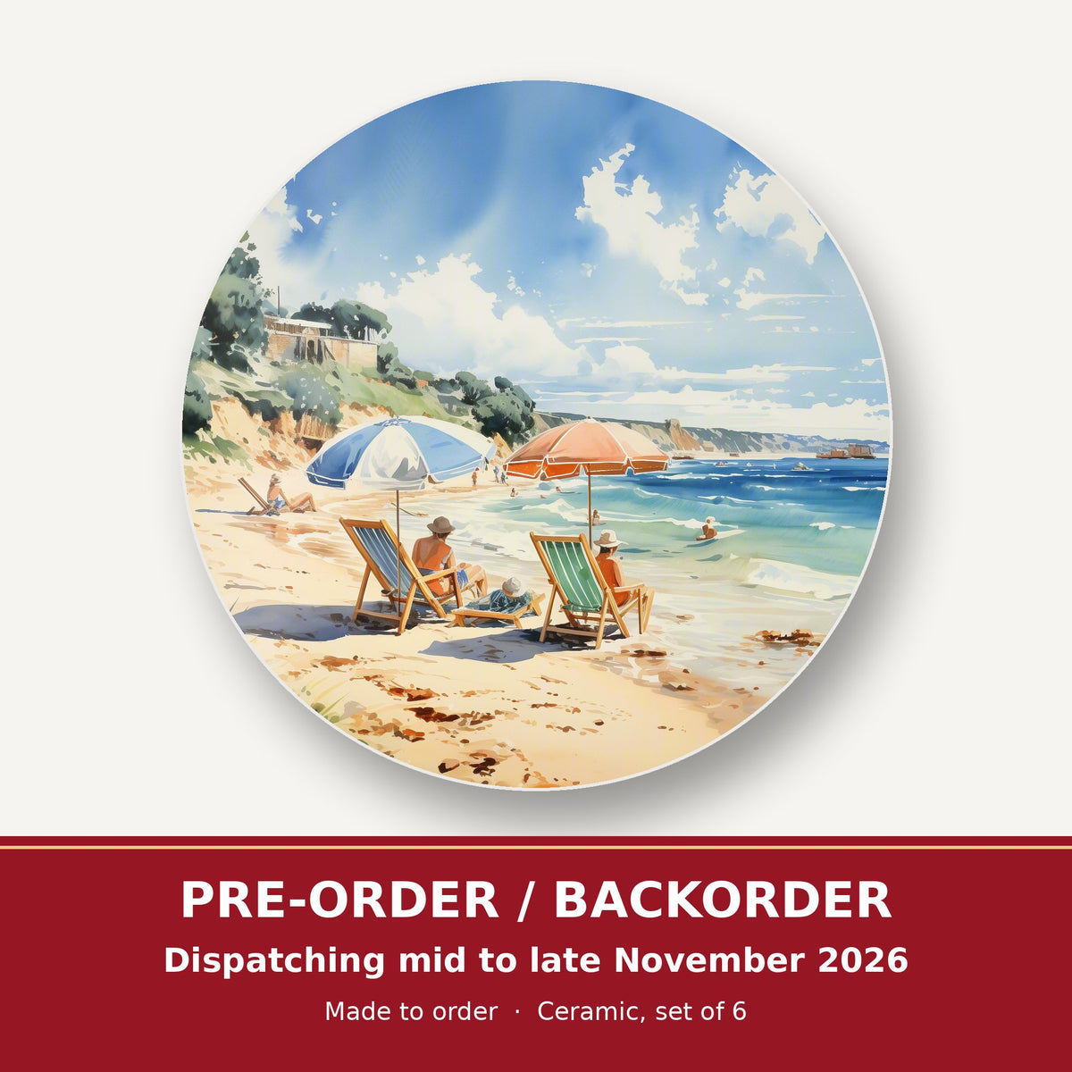 Two Parasols on the Beach round ceramic coaster set of 6 – pre-order / backorder, dispatching mid to late November 2026