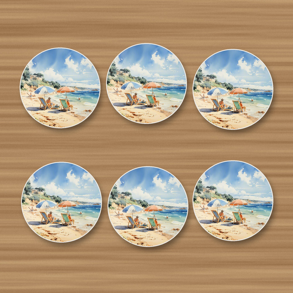 Two Parasols on the Beach round ceramic coasters, set of 6, on an oak coffee table