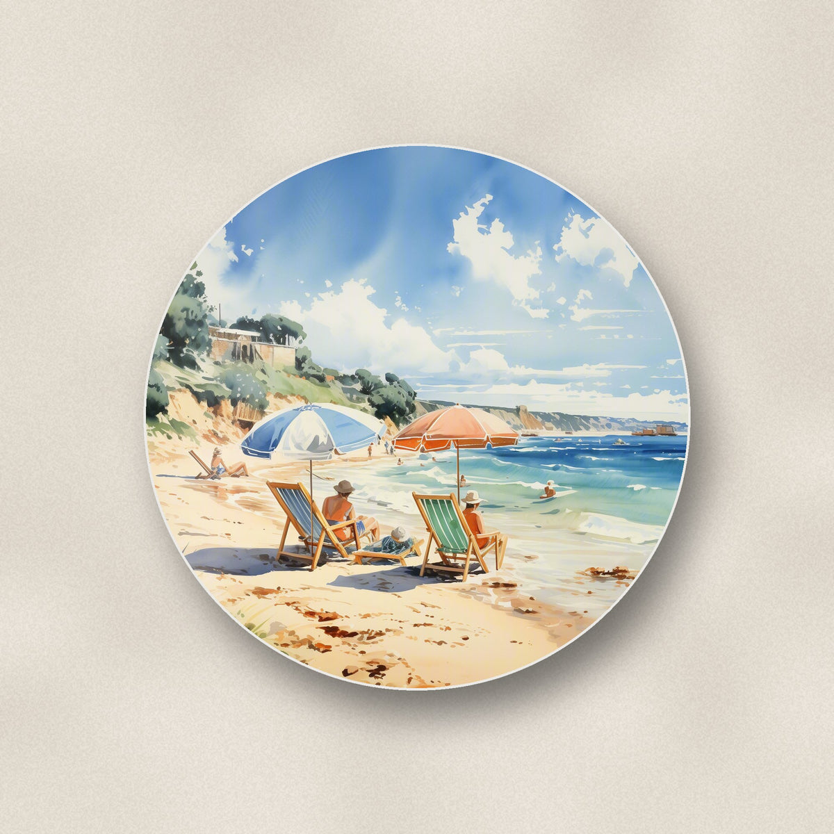Close-up of one two parasols on the beach round ceramic coaster, flat UV print