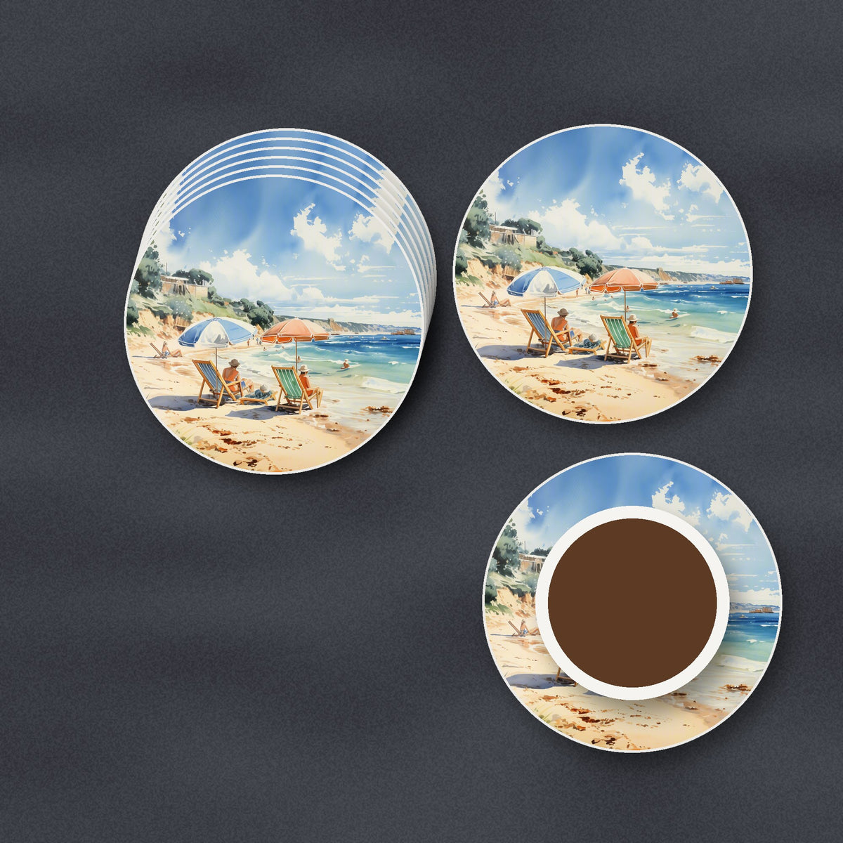 Two Parasols on the Beach round ceramic coasters stacked on a slate kitchen worktop
