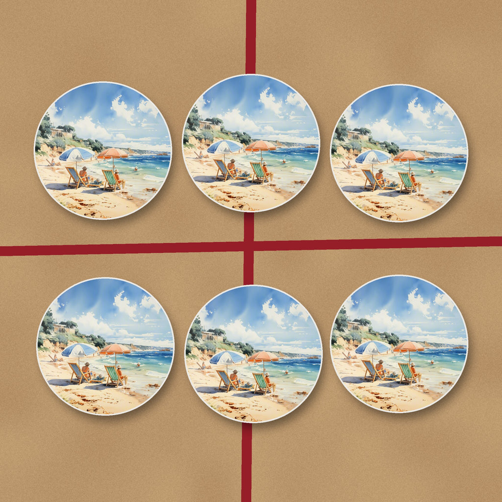 Two Parasols on the Beach round ceramic coasters on kraft gift wrap