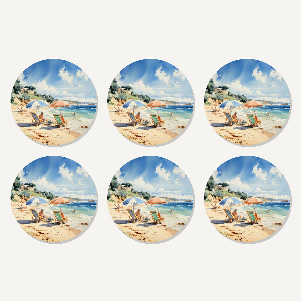 Flat lay of the two parasols on the beach artwork on six round coasters