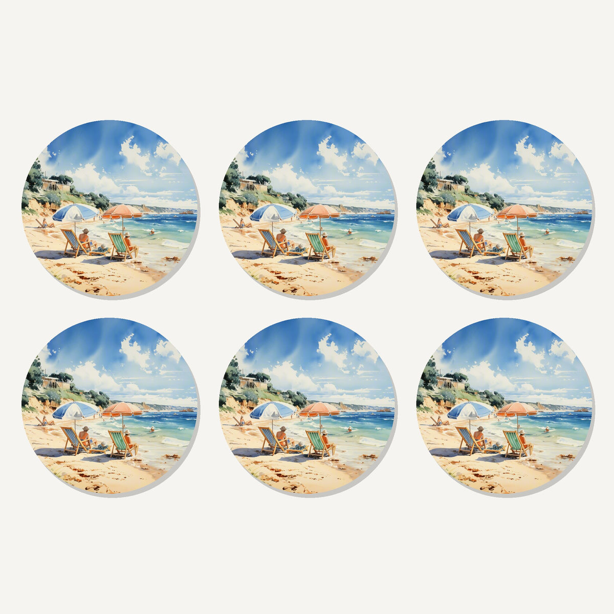 Flat lay of the two parasols on the beach artwork on six round coasters