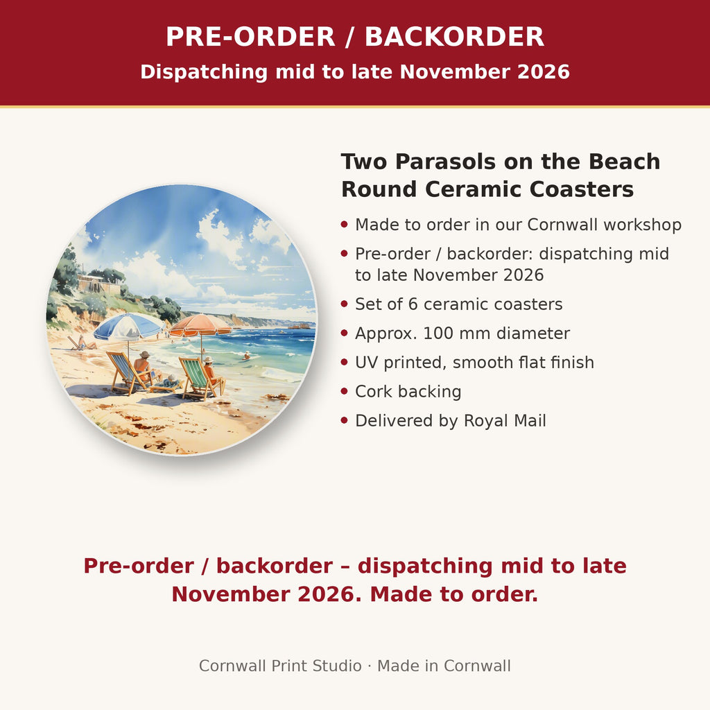 Info card: Two Parasols on the Beach Round Ceramic Coasters – Set of 6, made to order, dispatching mid to late November 2026, delivered by Royal Mail