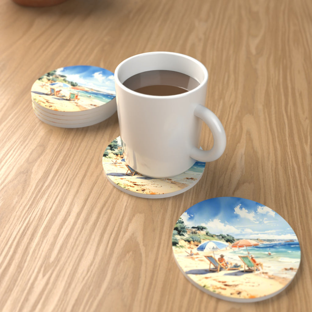 Two Parasols on the Beach Round Ceramic Coasters – Set of 6 – lifestyle mockup with a mug of coffee