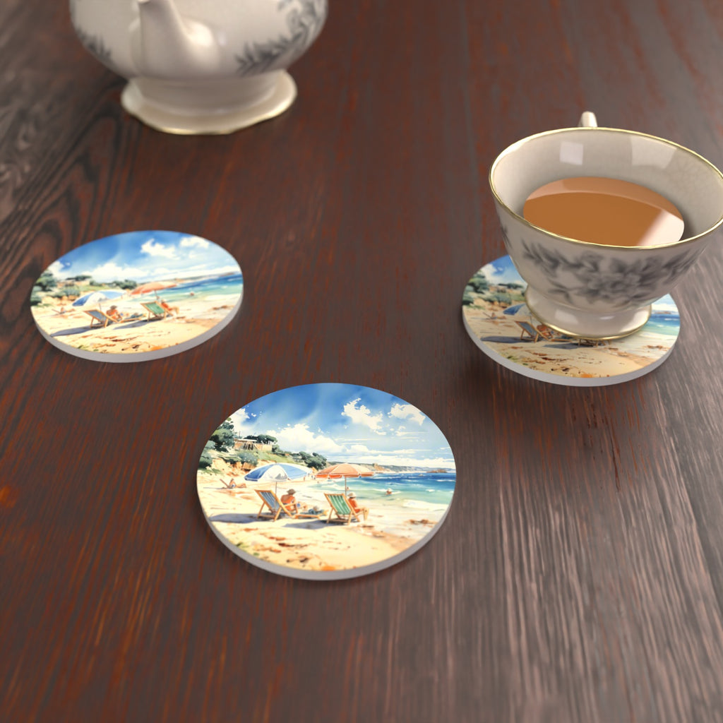 Two Parasols on the Beach Round Ceramic Coasters – Set of 6 – lifestyle mockup with a teacup