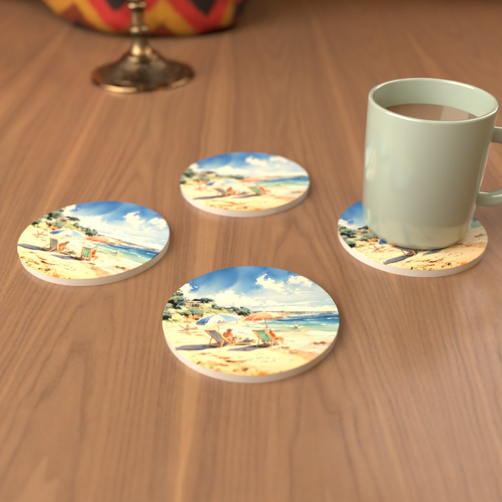 Two Parasols on the Beach Round Ceramic Coasters – Set of 6 – cosy lifestyle mockup