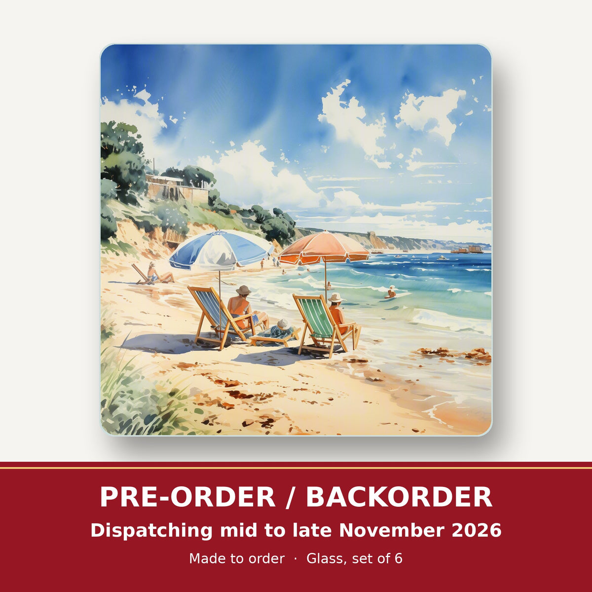 Two Parasols on the Beach square glass coaster set of 6 – pre-order / backorder, dispatching mid to late November 2026