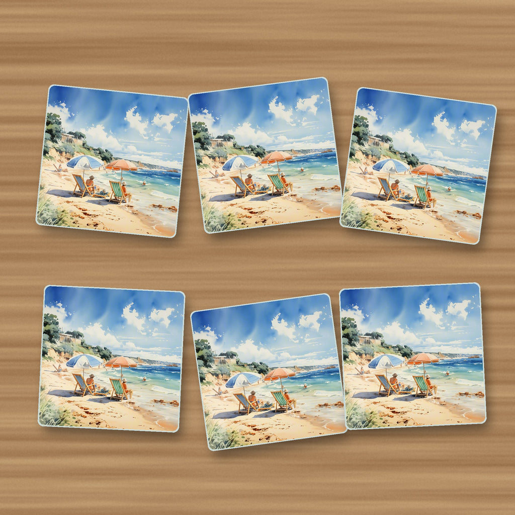 Two Parasols on the Beach square glass coasters, set of 6, on an oak coffee table
