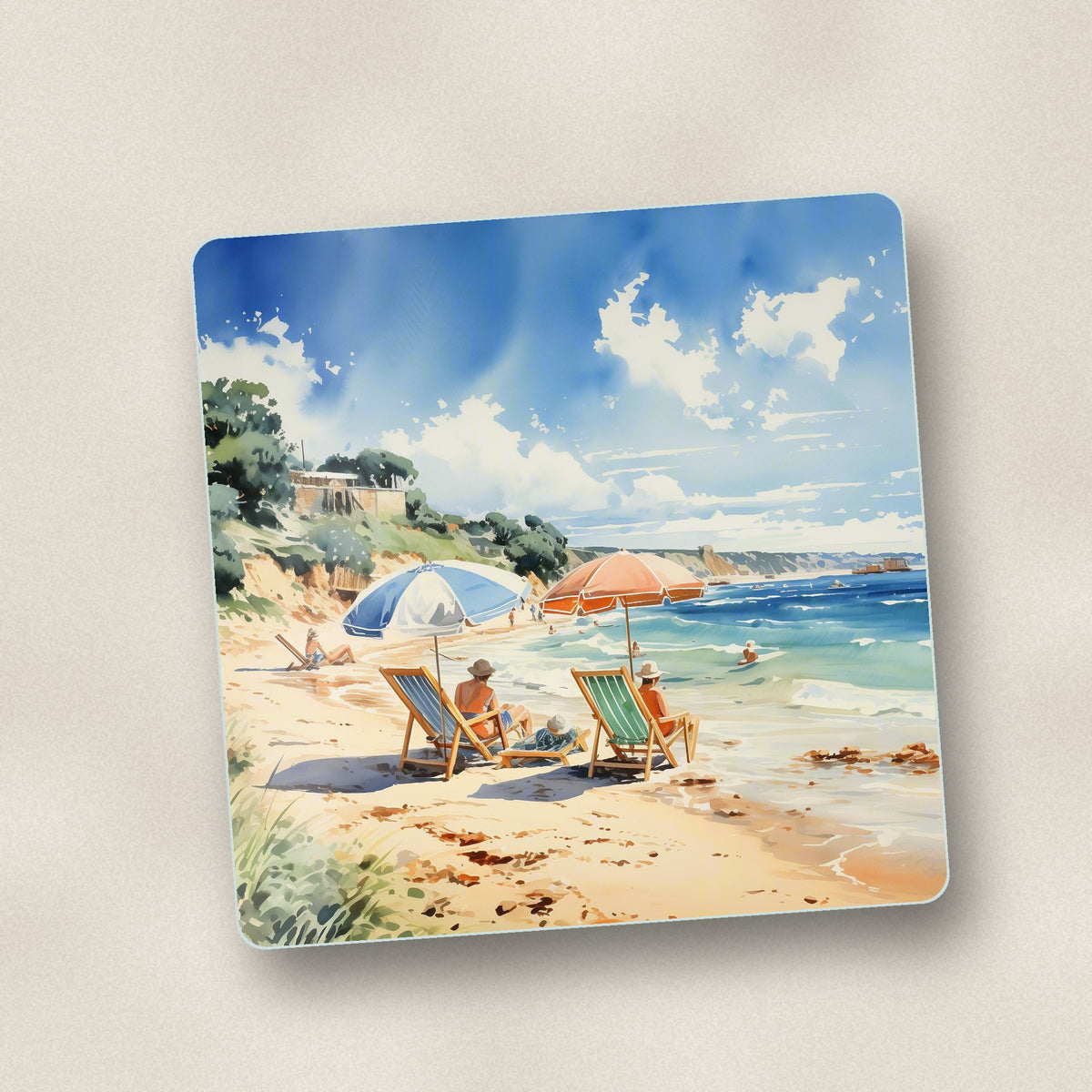 Close-up of one two parasols on the beach square glass coaster, flat UV print