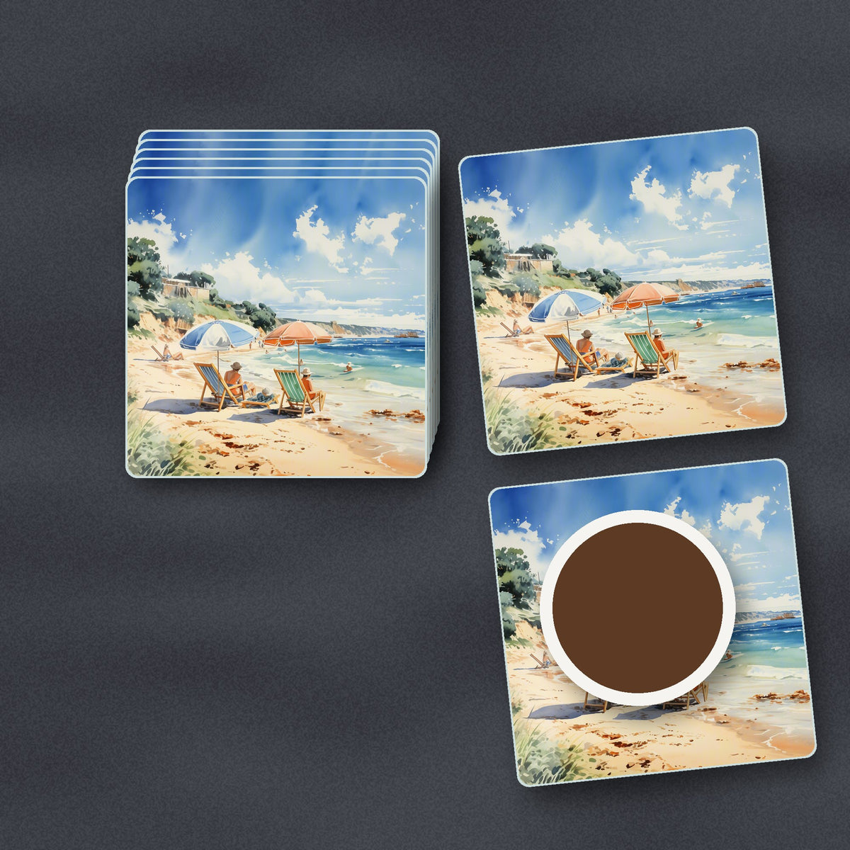 Two Parasols on the Beach square glass coasters stacked on a slate kitchen worktop