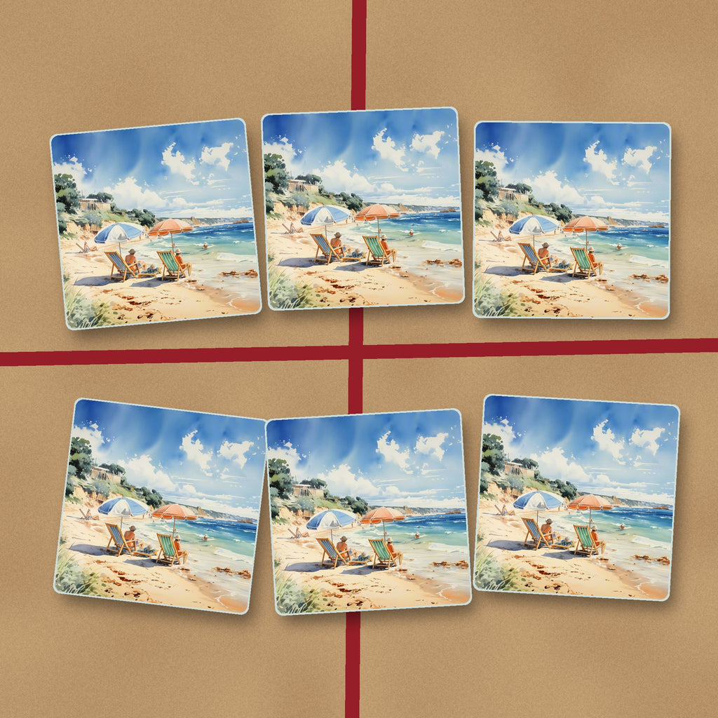 Two Parasols on the Beach square glass coasters on kraft gift wrap