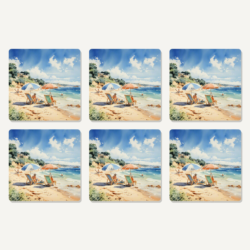 Flat lay of the two parasols on the beach artwork on six square coasters