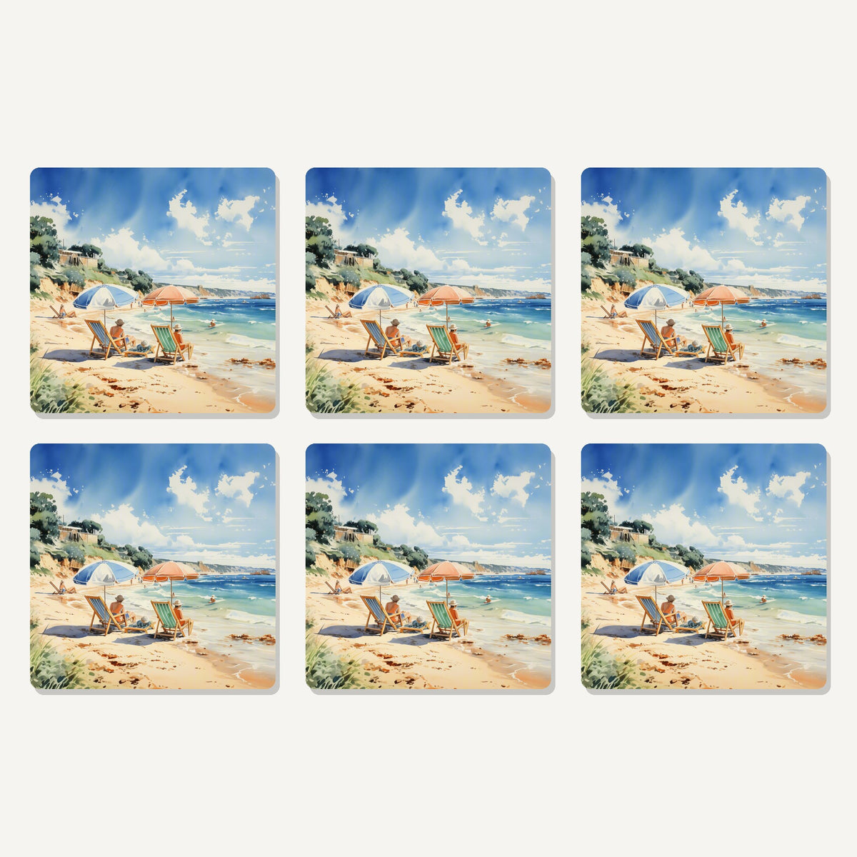 Flat lay of the two parasols on the beach artwork on six square coasters