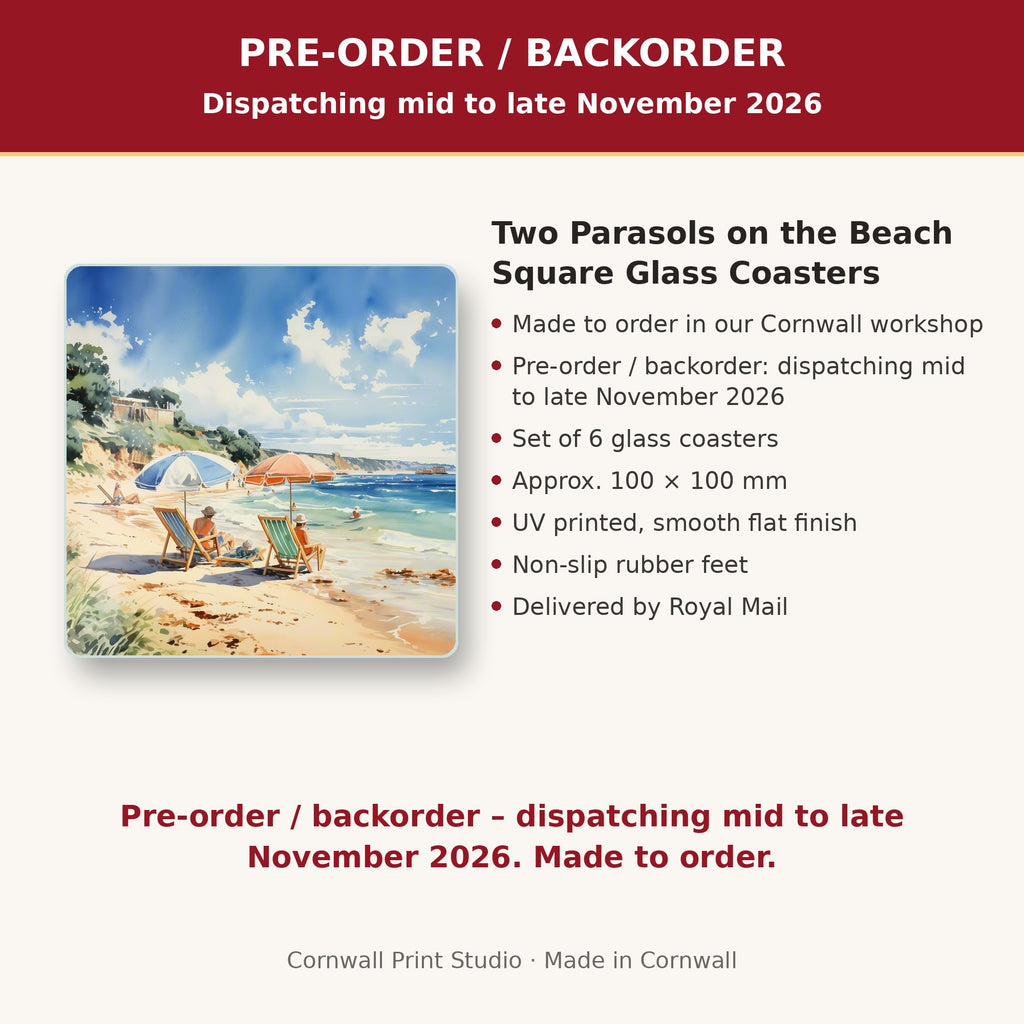 Info card: Two Parasols on the Beach Square Glass Coasters – Set of 6, made to order, dispatching mid to late November 2026, delivered by Royal Mail