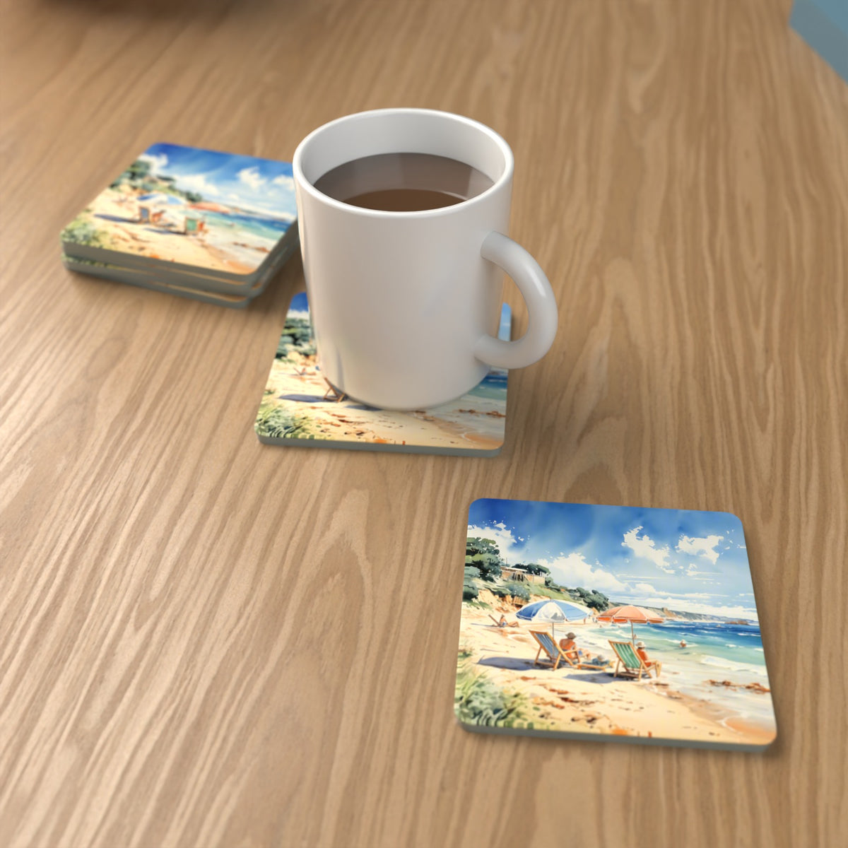 Two Parasols on the Beach Square Glass Coasters – Set of 6 – lifestyle mockup with a mug of coffee