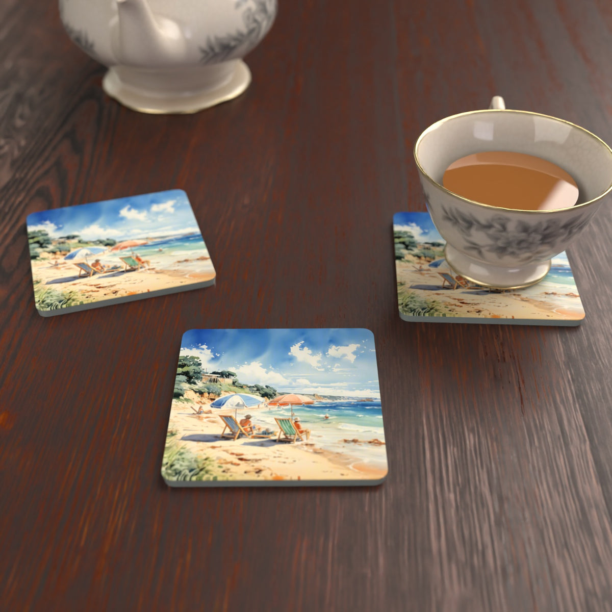 Two Parasols on the Beach Square Glass Coasters – Set of 6 – lifestyle mockup with a teacup