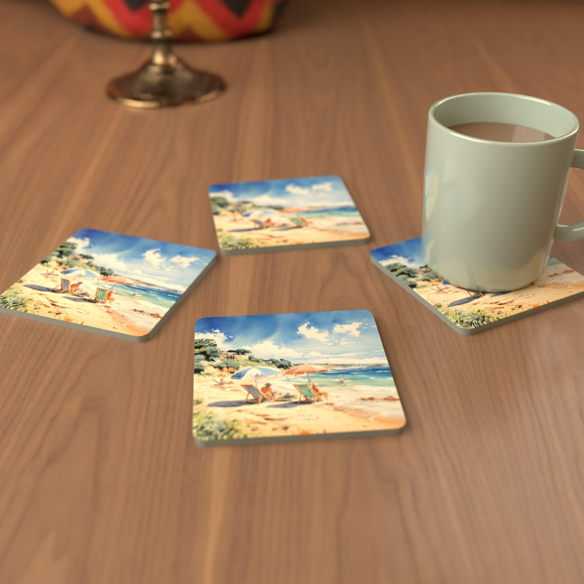 Two Parasols on the Beach Square Glass Coasters – Set of 6 – cosy lifestyle mockup