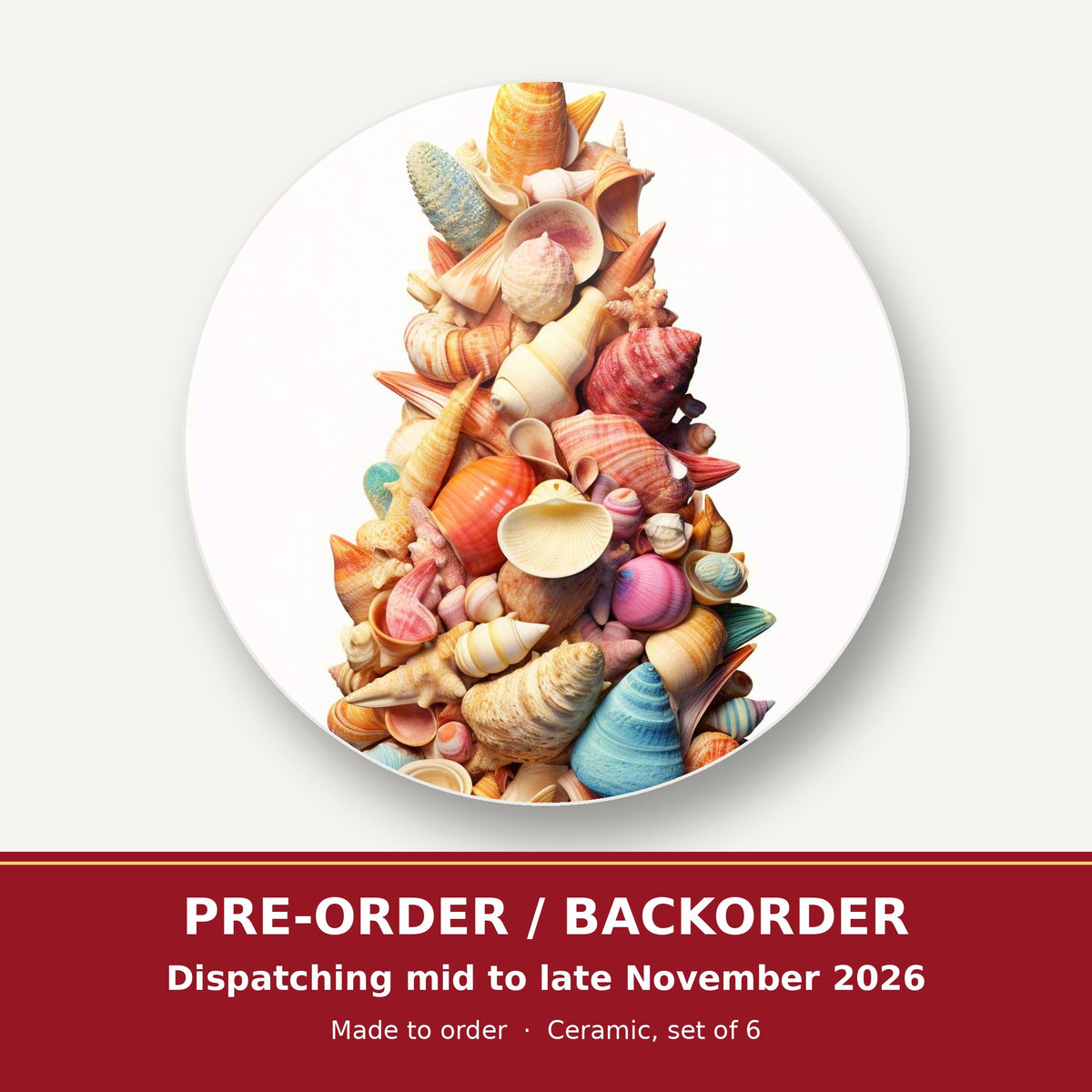 Seashell Tower round ceramic coaster set of 6 – pre-order / backorder, dispatching mid to late November 2026