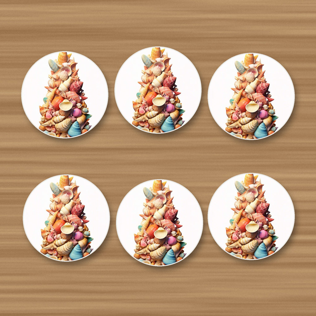 Seashell Tower round ceramic coasters, set of 6, on an oak coffee table