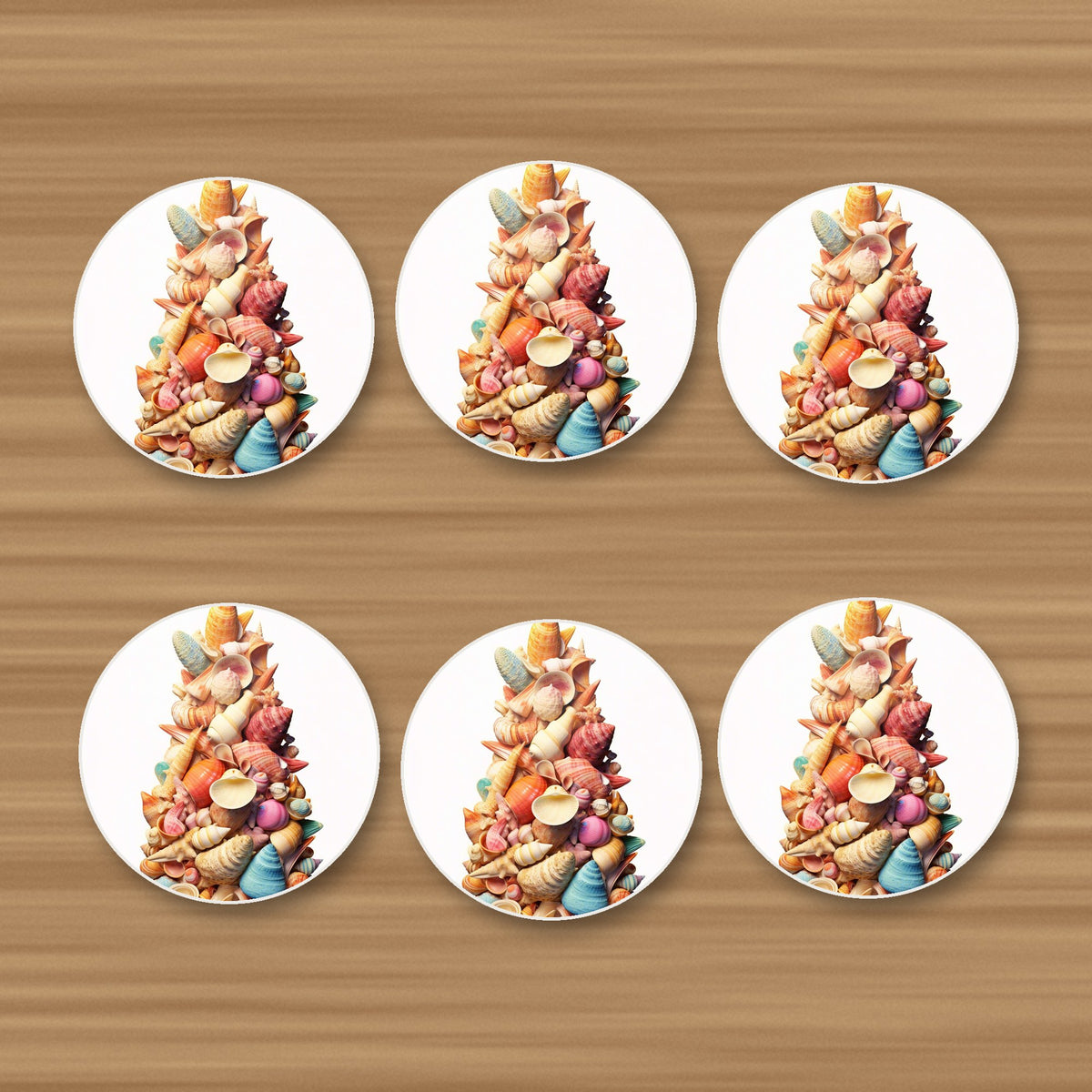 Seashell Tower round ceramic coasters, set of 6, on an oak coffee table