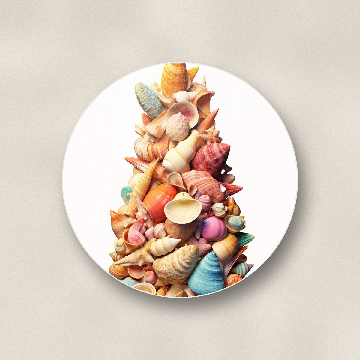 Close-up of one seashell tower round ceramic coaster, flat UV print