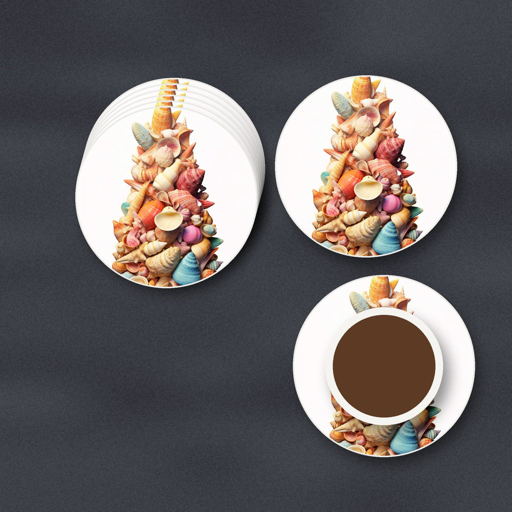 Seashell Tower round ceramic coasters stacked on a slate kitchen worktop
