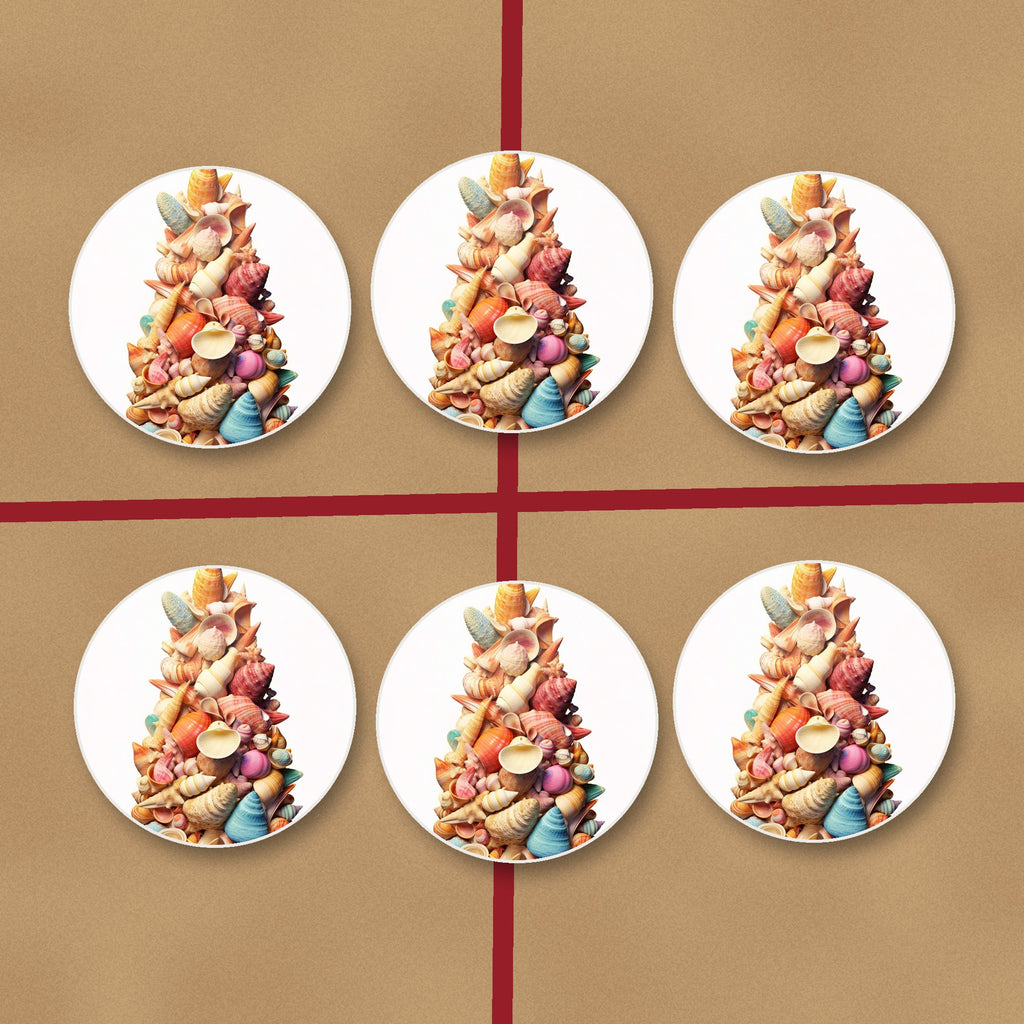 Seashell Tower round ceramic coasters on kraft gift wrap