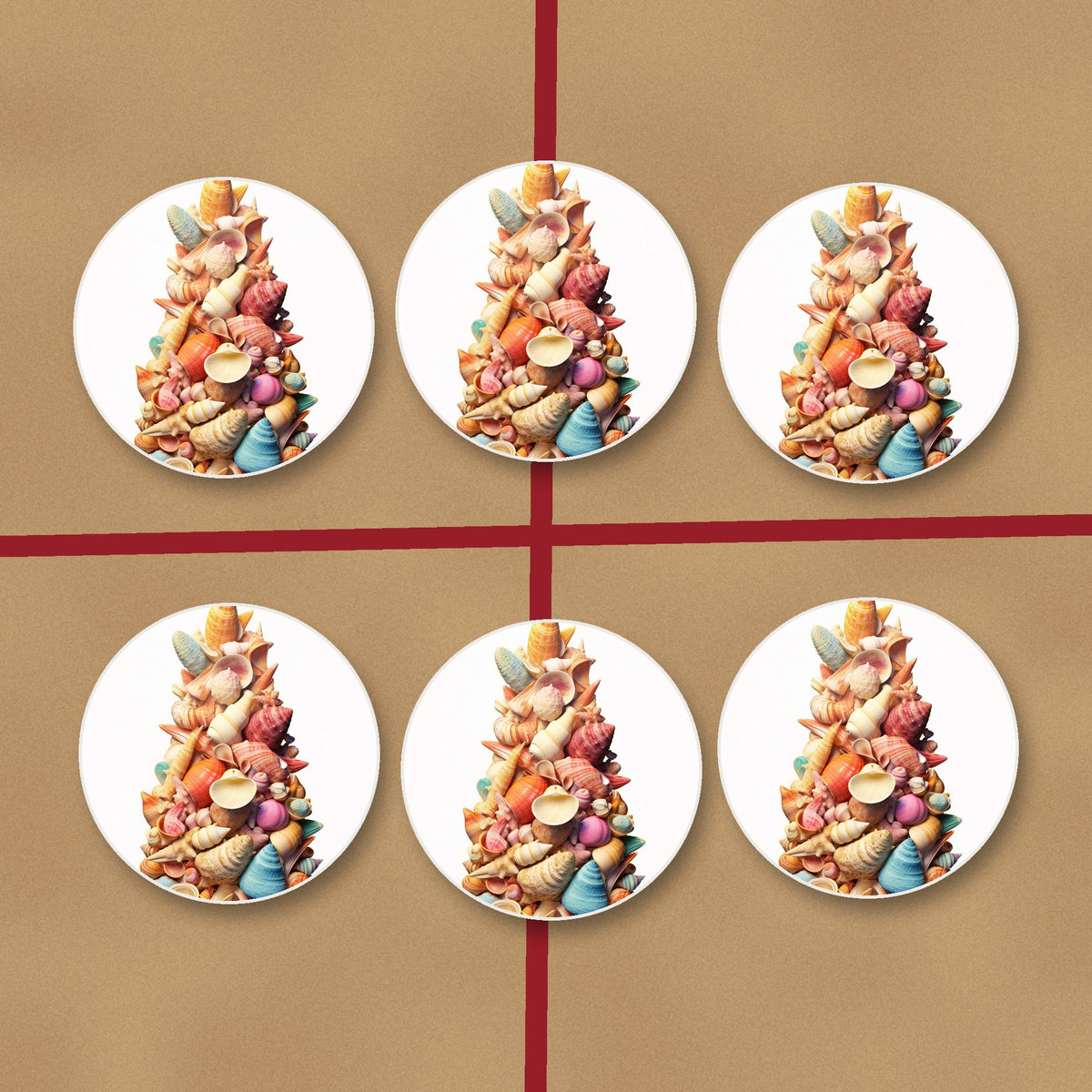 Seashell Tower round ceramic coasters on kraft gift wrap