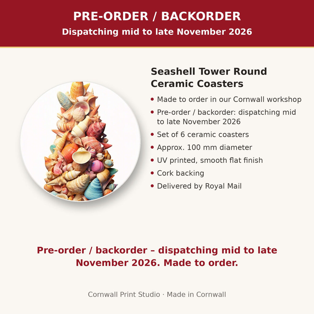 Info card: Seashell Tower Round Ceramic Coasters – Set of 6, made to order, dispatching mid to late November 2026, delivered by Royal Mail