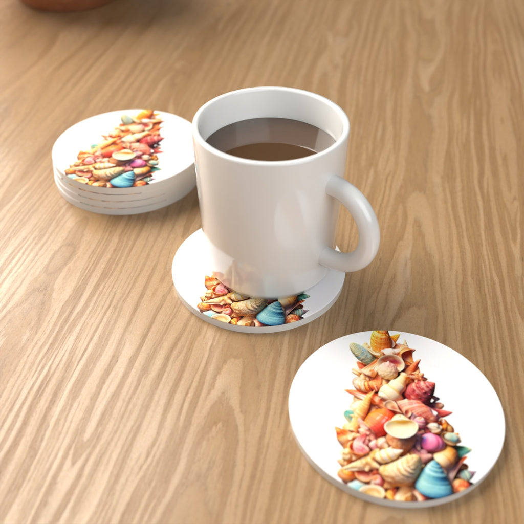 Seashell Tower Round Ceramic Coasters – Set of 6 – lifestyle mockup with a mug of coffee