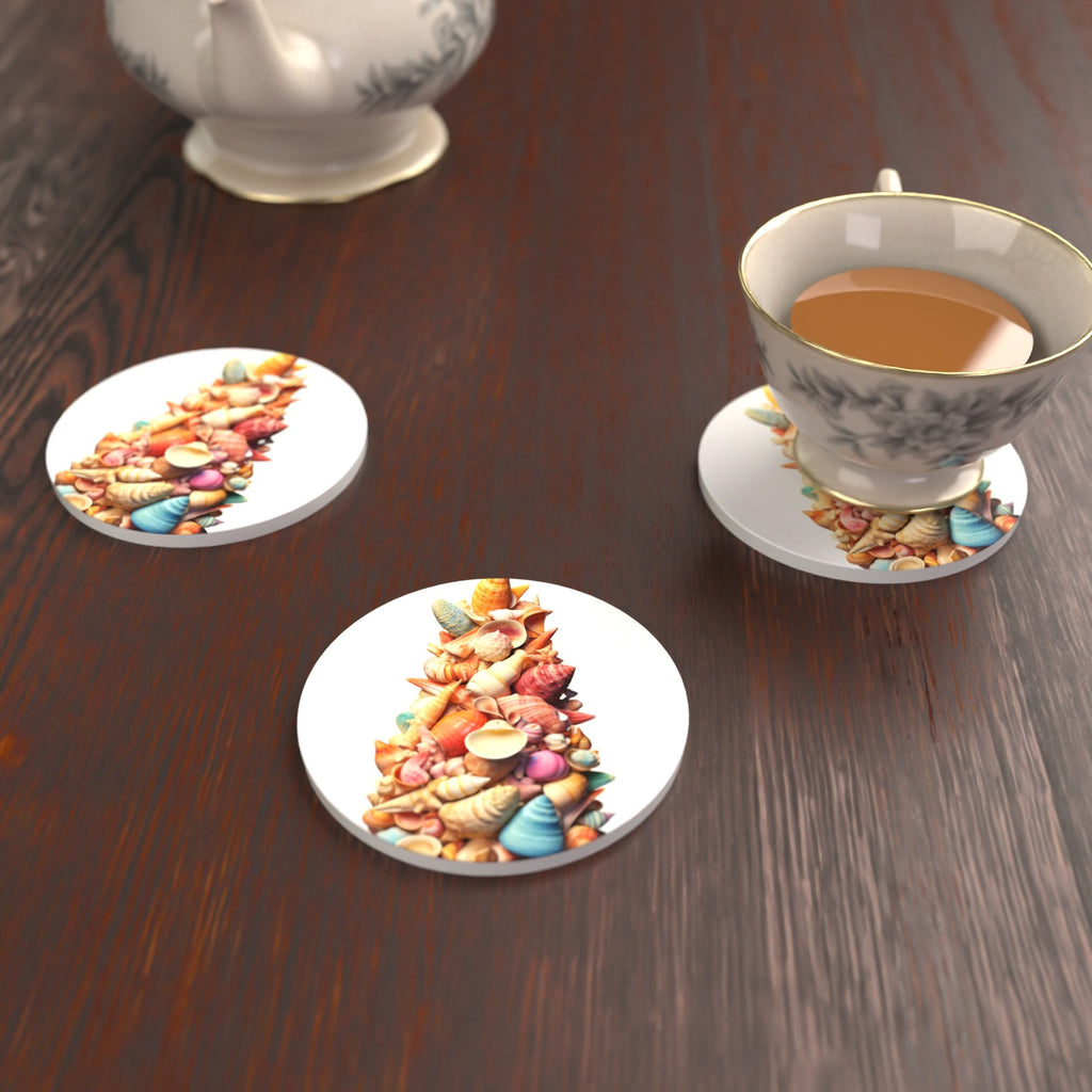 Seashell Tower Round Ceramic Coasters – Set of 6 – lifestyle mockup with a teacup