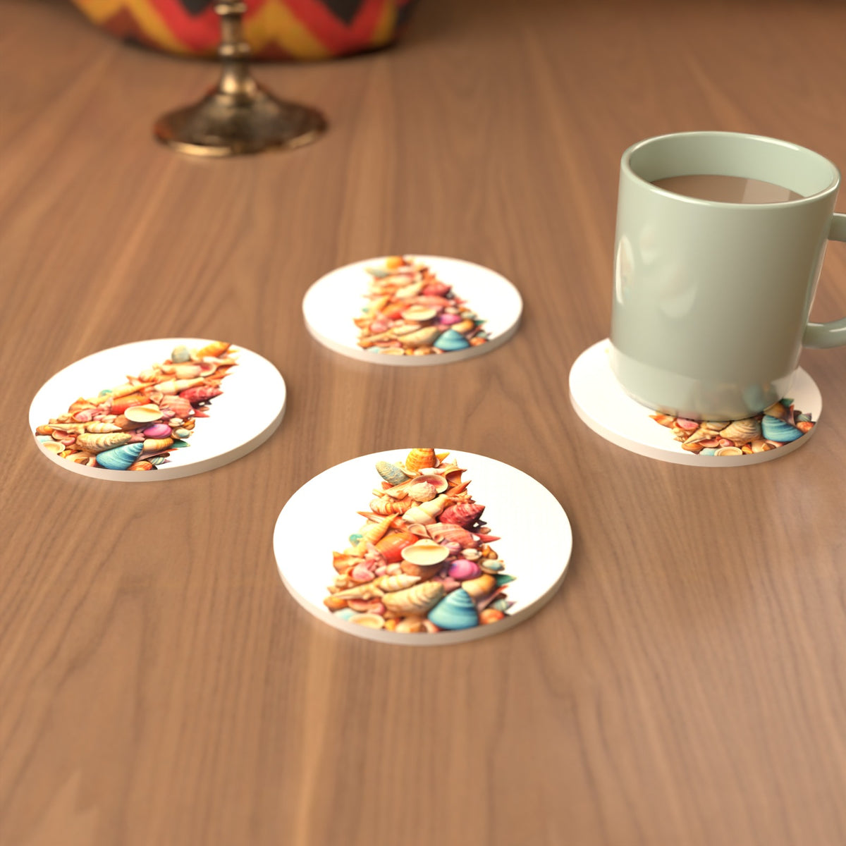 Seashell Tower Round Ceramic Coasters – Set of 6 – cosy lifestyle mockup
