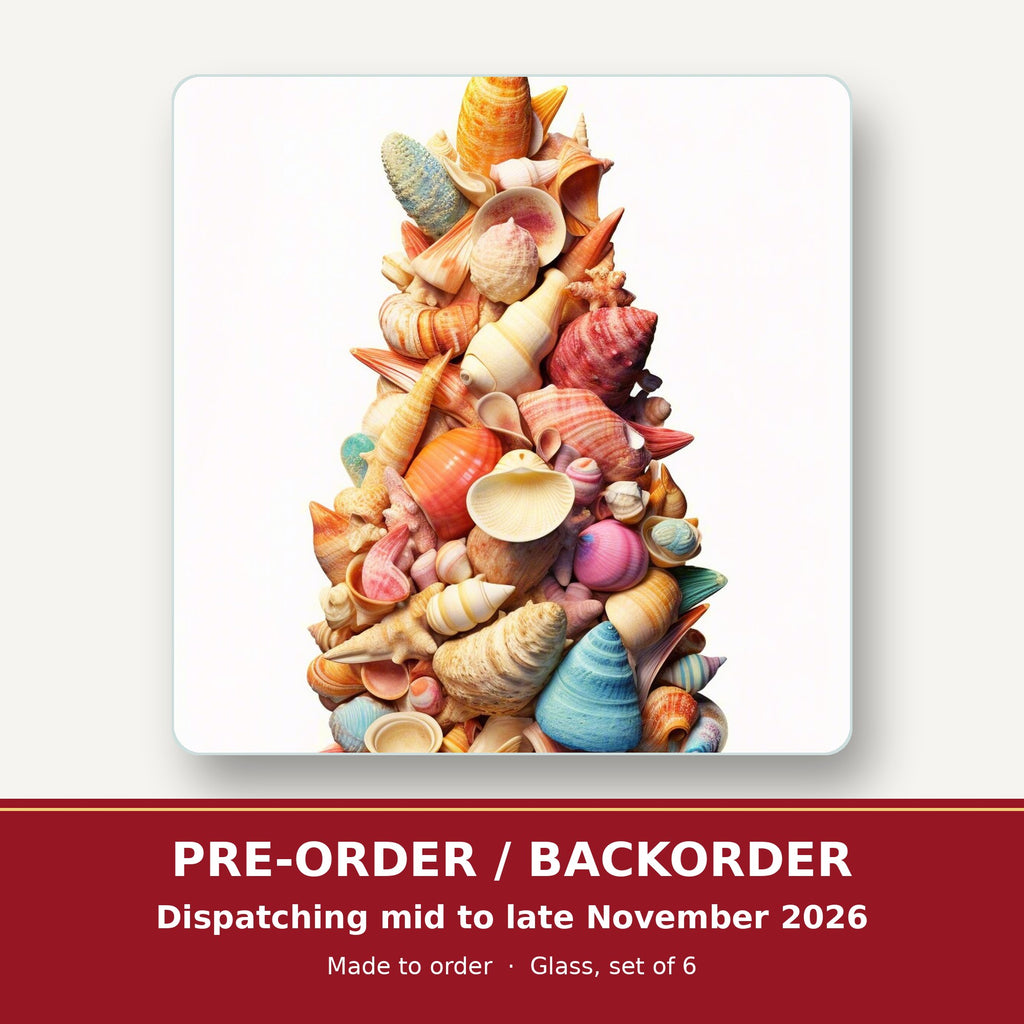 Seashell Tower square glass coaster set of 6 – pre-order / backorder, dispatching mid to late November 2026