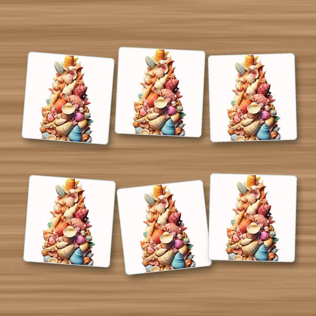 Seashell Tower square glass coasters, set of 6, on an oak coffee table