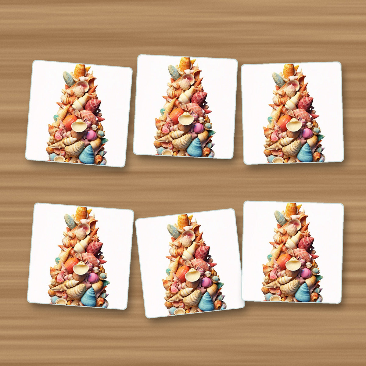 Seashell Tower square glass coasters, set of 6, on an oak coffee table