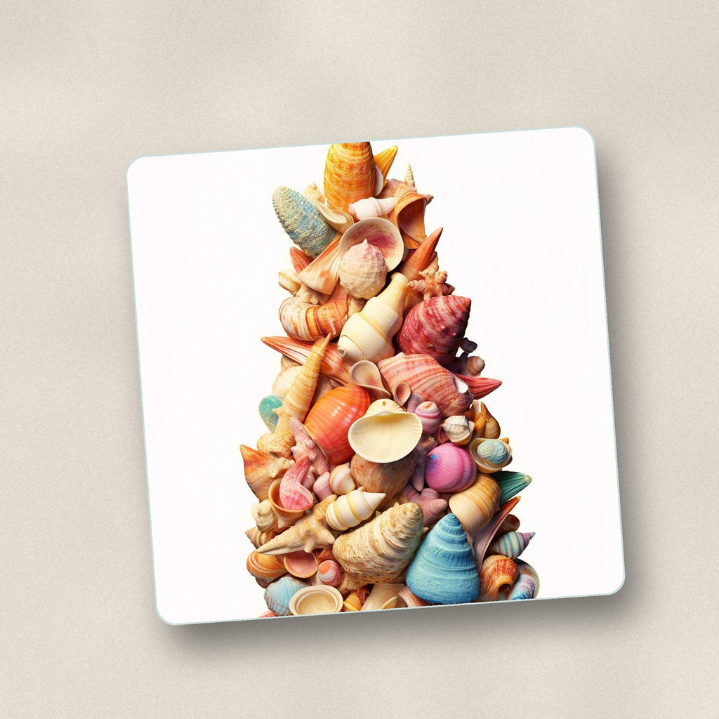 Close-up of one seashell tower square glass coaster, flat UV print