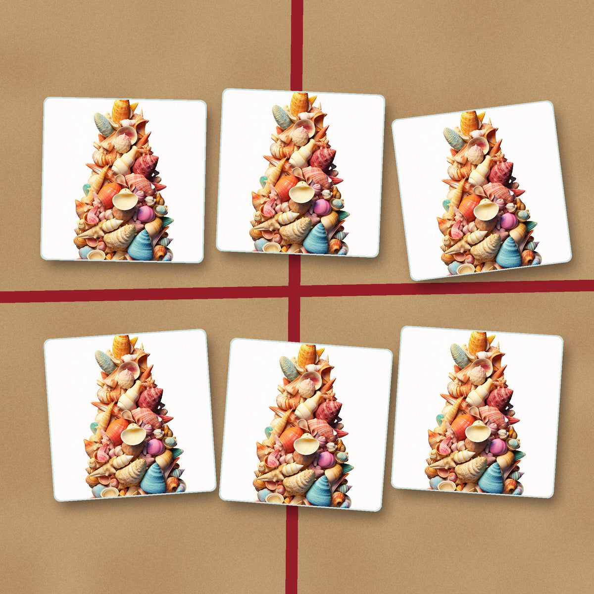 Seashell Tower square glass coasters on kraft gift wrap