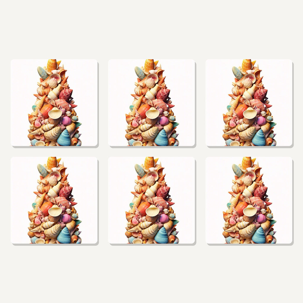 Flat lay of the seashell tower artwork on six square coasters