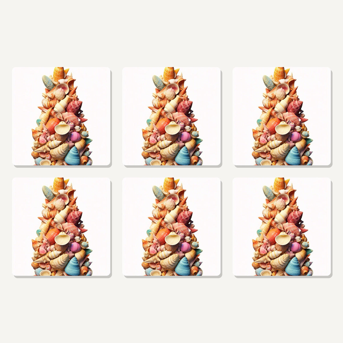 Flat lay of the seashell tower artwork on six square coasters