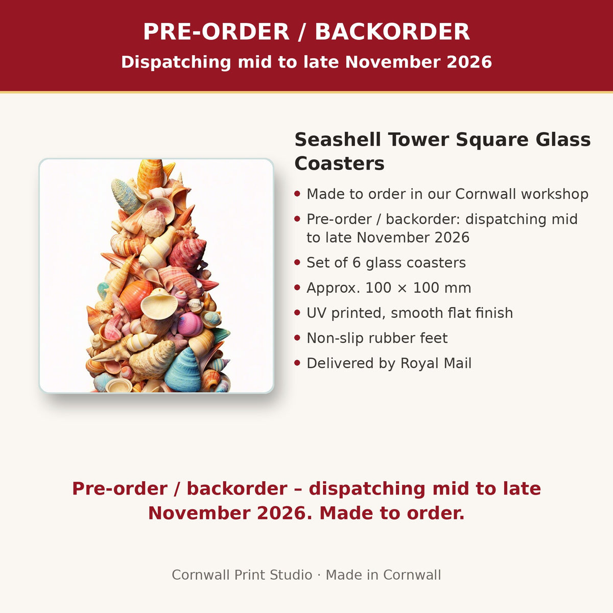 Info card: Seashell Tower Square Glass Coasters – Set of 6, made to order, dispatching mid to late November 2026, delivered by Royal Mail