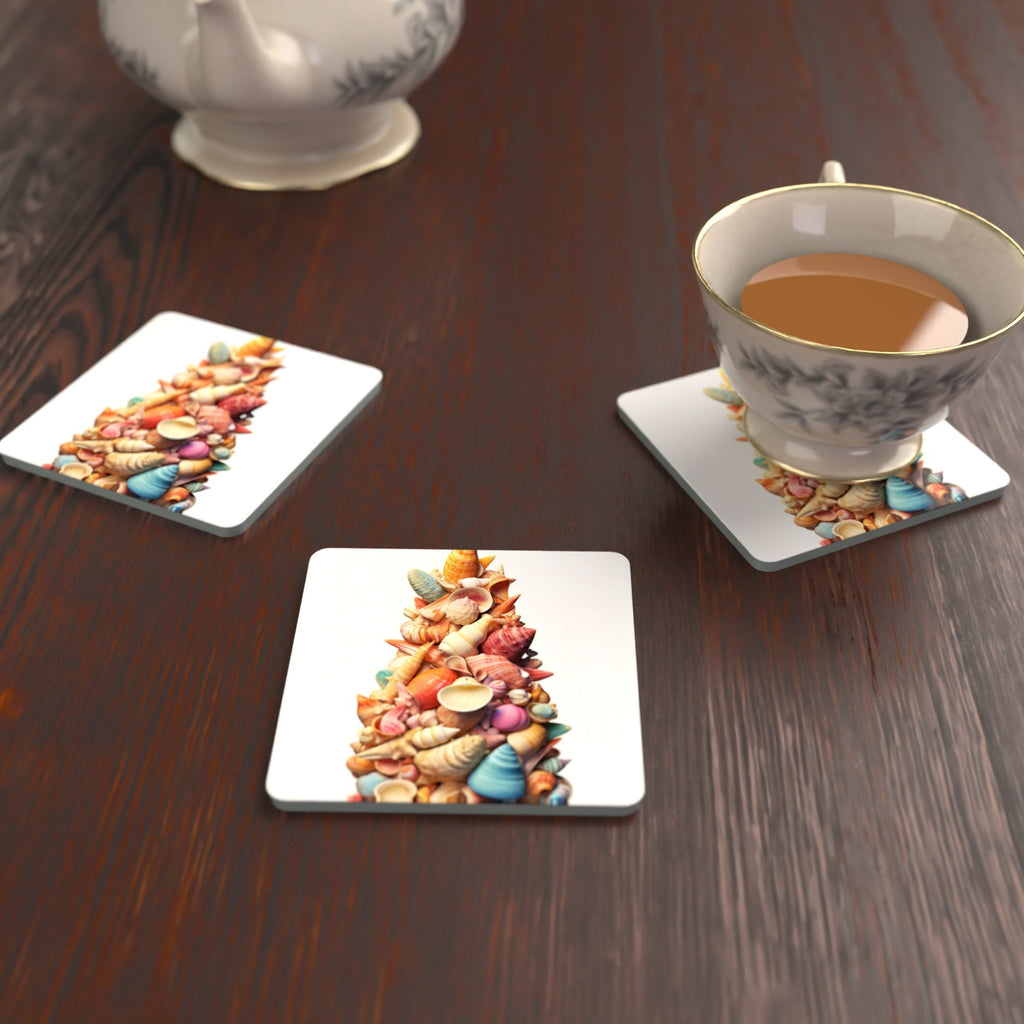 Seashell Tower Square Glass Coasters – Set of 6 – lifestyle mockup with a teacup