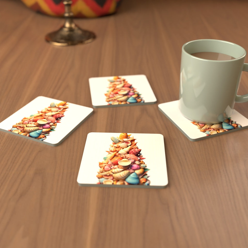 Seashell Tower Square Glass Coasters – Set of 6 – cosy lifestyle mockup