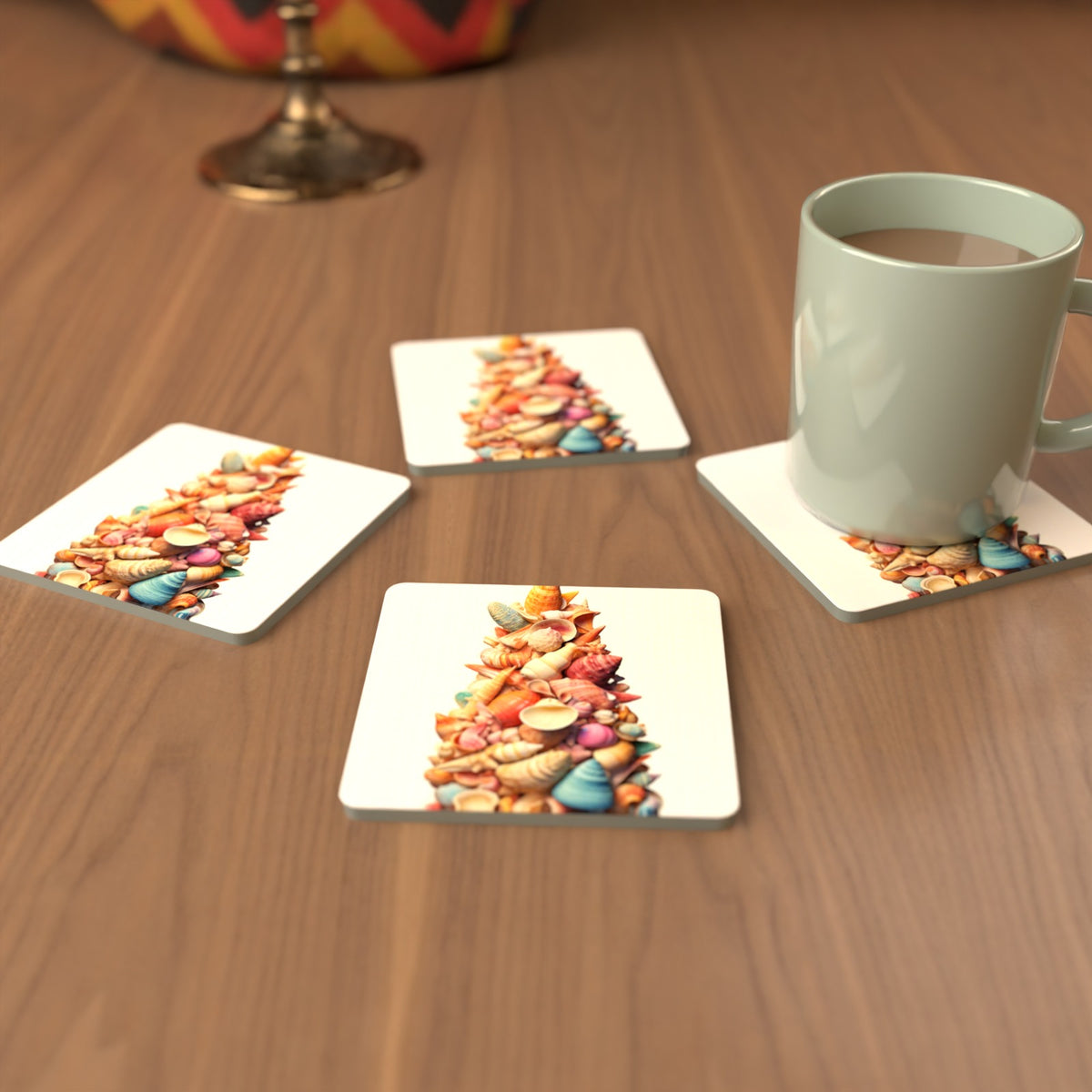 Seashell Tower Square Glass Coasters – Set of 6 – cosy lifestyle mockup