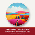 Bright Patchwork Hills round ceramic coaster set of 6 – pre-order / backorder, dispatching mid to late November 2026