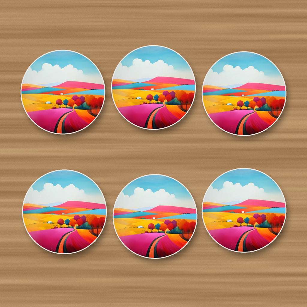 Bright Patchwork Hills round ceramic coasters, set of 6, on an oak coffee table